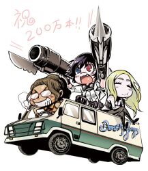 3girls black_hair blonde_hair blue_eyes brown_hair chibi cigarette closed_eyes crossed_legs devil_may_cry_(series) devil_may_cry_5 drill_jiru driving glasses gloves heterochromia kalina_ann_(weapon) lady_(devil_may_cry) motor_vehicle multiple_girls nico_(devil_may_cry) open_mouth red_eyes rocket_launcher simple_background smile smoking trish_(devil_may_cry) van weapon white_background