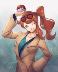 1girl aqua_eyes aqua_nails aqua_shirt arm_up artist_name black-framed_eyewear breasts brown_coat buttons cleavage coat collarbone commentary english_commentary eyewear_on_head hair_ornament hand_in_pocket heart heart_hair_ornament holding holding_poke_ball long_hair medium_breasts nintendo orange-tinted_eyewear orange_hair phrecklesart poke_ball poke_ball_(basic) pokemon pokemon_swsh ribbed_shirt shirt side_ponytail single_sidelock smile solo sonia_(pokemon) sunglasses swept_bangs tinted_eyewear upper_body v-neck wavy_hair