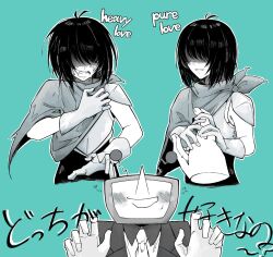1boy 1other ant_tenna aqua_background armor blush cape crt deltarune gloves greyscale_with_colored_background hand_on_own_chest highres jacket kris_(dark_world)_(deltarune) kris_(deltarune) necktie object_head outline pointy_nose short_hair simple_background smile tears una22220 white_outline