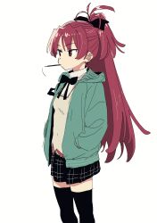 Rule 34 | 1girl, black bow, bow, food, green jacket, hair bow, hair ribbon, hands in pockets, highres, hood, ikezawa shin, jacket, long hair, mahou shoujo madoka magica, mahou shoujo madoka magica (anime), miniskirt, mouth hold, pleated skirt, pocky, ponytail, red eyes, red hair, ribbon, sakura kyoko, school uniform, skirt, solo, thighhighs, white background, zettai ryouiki