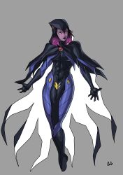 1girl absurdres black_hair black_lips cape colored_skin dc_comics flying grey_background highres purple_eyes purple_hair purple_skin raven_(dc) serious solo teen_titans