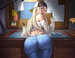 1girl ass ass_focus bare_shoulders baseball_cap blonde_hair blue_eyes blush centi_(nikke) denim embarrassed from_behind goddess_of_victory:_nikke hat jeans long_hair looking_at_viewer looking_back off-shoulder_shirt off_shoulder open_mouth pants shirt solo substance20 very_long_hair