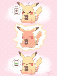 :3 :d ? ?? artist_name battery_indicator brown_eyes cellphone charging_device closed_eyes closed_mouth commentary_request electricity gen_1_pokemon highres holding holding_phone mugita_konomi musical_note nintendo no_humans open_mouth phone pikachu pink_background pokemon pokemon_(creature) polka_dot polka_dot_background sitting smartphone smile