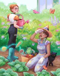 2girls artist_name black_cat black_pants blue_overalls blue_shirt boots brown_hair bug bush butterfly cabbage carrot cat day double_bun food frog fruit gardening gloves green_boots green_gloves green_hair hair_bun hat highres holding holding_watering_can insect kneeling lemon luztapiaart magic multicolored_hair multiple_girls one_eye_closed orange_butterfly orange_hair orange_sleeves original outdoors overalls pants peyton_(luztapiaart) pink_butterfly puffy_short_sleeves puffy_sleeves roya_(luztapiaart) rubber_boots shirt short_sleeves standing telekinesis tomato two-tone_hair watering_can white_gloves white_shirt