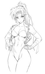 1girl breakers breasts cowboy_shot hand_on_own_hip hand_wraps headband highleg highleg_leotard highres large_breasts leotard lineart looking_to_the_side matsuda_(matsukichi) ponytail simple_background sleeveless sleeveless_jacket strapless strapless_leotard tia_langray white_background