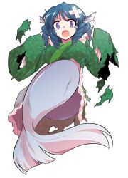 1girl alphes_(style) blue_hair blush breasts commentary_request crying crying_with_eyes_open dairi defeat drill_hair fins frilled_kimono frills full_body green_kimono hands_up head_fins japanese_clothes kimono large_breasts large_variant_set looking_at_viewer mermaid monster_girl open_mouth parody purple_eyes solo style_parody tears torn_clothes touhou transparent_background variant_set wakasagihime wide_sleeves