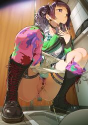 Rule 34 | 1girl, absurdres, amatsu amaguri, anus, aqua bow, aqua bowtie, asymmetrical legwear, bar censor, bathroom, black boots, black collar, black hair, blunt bangs, blunt sidelocks, boots, bow, bowtie, breasts, cellphone, censored, closed mouth, collar, collarbone, collared shirt, commentary request, dot mouth, dress shirt, earrings, expressionless, fingernails, full body, gradient hair, green jacket, grey hair, grey skirt, hand up, hidden camera, highres, holding, holding phone, idolmaster, idolmaster shiny colors, indoors, jacket, jewelry, knee boots, kneehighs, long hair, long sleeves, looking ahead, menstrual pad, multicolored hair, multicolored socks, multicolored thighhighs, nail polish, open clothes, open jacket, panties, panty pull, pee, peeing, phone, plaid clothes, plaid skirt, pleated skirt, purple eyes, purple nails, pussy, school uniform, shirt, sidelocks, skirt, smartphone, socks, spiked collar, spikes, squat toilet, squatting, tanaka mamimi, thigh strap, tile floor, tiles, toilet use, twintails, underwear, variant set, voyeurism, white panties, white shirt