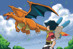 1boy blue_eyes blue_hair blue_sky charizard claws cloud day dragon dragon_wings fangs fire flame-tipped_tail flying gen_1_pokemon gen_3_pokemon highres jacket lunick_(pokemon) minun nintendo on_shoulder open_mouth outdoors pokemon pokemon_(creature) pokemon_on_shoulder pokemon_ranger pokemon_ranger_1 red_jacket short_hair short_sleeves sky sweatdrop tail v-shaped_eyes wings