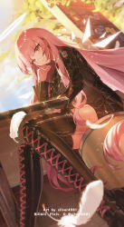 1girl absurdres arknights artist_name belt belt_buckle black_belt black_boots boots buckle chinese_commentary closed_mouth commentary_request detached_wings feathers feet_out_of_frame film_grain halo highres lace-up_boots lemuen_(arknights) light_particles long_hair long_sleeves looking_at_viewer pink_eyes pink_hair silver4581 sleeve_belt sleeve_garter smile solo sticky_note thigh_boots traditional_halo watermark white_feathers white_halo wings zipper