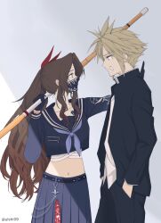 1boy 1girl aerith_gainsborough aerith_gainsborough_(midgard_seventh_high_school) bandaged_chest bandaid bandaid_on_cheek bandaid_on_face belt black_belt black_gloves black_jacket black_mask black_pants black_sailor_collar black_shirt black_skirt blonde_hair breasts brown_hair chain chest_tattoo cloud_strife cloud_strife_(midgard_seventh_high_school) crop_top delinquent earrings final_fantasy final_fantasy_vii final_fantasy_vii_ever_crisis floral_print gakuran gloves grey_neckerchief hair_ribbon hands_in_pockets hetero highres jacket jewelry kabedon long_hair long_skirt looking_at_viewer mask medium_breasts midriff mouth_mask navel neckerchief official_alternate_costume over_shoulder pants parted_bangs pleated_skirt red_ribbon ribbon sailor_collar school_uniform shinai shirt short_hair side_ponytail sidelocks single_earring skirt spiked_hair sukeban sword tattoo twintails ulshi09 weapon weapon_over_shoulder white_background white_shirt