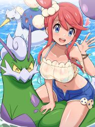 1girl :d absurdres bikini bikini_under_clothes bikini_under_shorts blue_eyes blue_shorts breasts crop_top gen_2_pokemon gen_5_pokemon hand_up heart highres jumpluff large_breasts legendary_pokemon nintendo official_alternate_costume one_side_up open_fly open_hand open_mouth pokemoa pokemon pokemon_(creature) pokemon_masters_ex red_hair riding short_shorts shorts sitting skyla_(pokemon) skyla_(summer_2025)_(pokemon) smile soaking_feet swanna swimsuit tan thighs tornadus tornadus_(therian) water