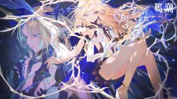 2girls black_dress blonde_hair blue_eyes breasts cartethyia_(wuthering_waves) commentary_request crown_of_thorns dress dual_persona earrings fleurdelys_(wuthering_waves) hand_up high_heel_sandals high_heels highres jewelry long_hair multiple_girls pointy_ears sandals small_breasts tabard tacet_mark_(wuthering_waves) taiki_(luster) white_tabard wuthering_waves