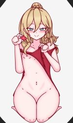 1girl aged_down blonde_hair blue_eyes blush braid c: censored clothes_lift condom convenient_censoring convenient_leg dress dress_lift durandal_(honkai_impact) durandal_(reign_solaris)_(honkai_impact) facing_viewer flat_chest hair_between_eyes hetero high_ponytail highres holding holding_condom honkai_(series) honkai_impact_3rd imminent_penetration loli long_hair looking_at_viewer naughty_face navel nipples no_bra no_panties nude off_shoulder ponytail red_dress sidelocks sitting skirt skirt_lift smile smirk smug thatpervtako
