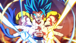 Rule 34 | 1boy, abs, blue eyes, blue hair, chromatic aberration, commentary request, dragon ball, dragon ball super, dragon ball super broly, gogeta, male focus, metamoran vest, muscular, muscular male, open mouth, rom (20), smile, solo, super saiyan, super saiyan blue, upper body, wristband