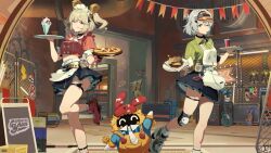 1other 2girls ^_^ anby_demara apron bangboo_(zenless_zone_zero) black_skirt blonde_hair burger burnice_white closed_eyes closed_mouth commentary english_commentary food french_fries grey_hair highres holding holding_tray looking_at_viewer milkshake multiple_girls official_art one_eye_closed pizza skirt smile third-party_source tray white_apron zenless_zone_zero