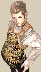 1boy balflear belt black_pants brown_eyes brown_hair earrings final_fantasy final_fantasy_xii from_above gold_shirt hair_slicked_back hand_on_own_hip jewelry ko102k1 long_sleeves looking_at_viewer loose_belt male_focus multiple_earrings pants ring shirt short_hair sideburns solo white_shirt
