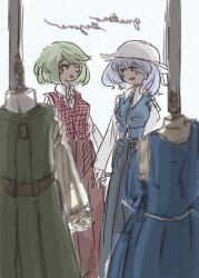 2girls alternate_costume blue_hair blue_skirt blue_vest green_hair highres kazami_yuuka koyane_(silver81106) letty_whiterock looking_at_viewer mannequin medium_hair multiple_girls red_skirt red_vest skirt touhou vest