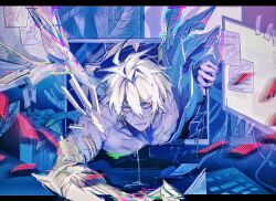 1boy absurdres alternate_form asymmetrical_wings black_shirt black_wings blonde_hair broken_glass commentary_request cracked_skin ggtnnk glass glitch hair_between_eyes halo halo_behind_head highres honkai:_star_rail honkai_(series) male_focus material_growth monitor phainon_(honkai:_star_rail) shirt short_hair solo through_medium through_screen torn_clothes torn_shirt wings yellow_blood yellow_eyes yellow_wings