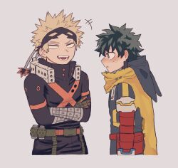 +++ 2boys :t annoyed bakugou_katsuki belt black_hood black_mask black_pants blank_eyes blonde_hair blush boku_no_hero_academia buckle cape closed_mouth collared_shirt commentary_request cropped_legs crossed_arms explosive freckles gloves green_belt green_eyes green_hair grenade grey_background hood hood_down ice_0377 laughing long_sleeves looking_at_another male_focus mask midoriya_izuku multiple_boys open_mouth pants popped_collar shirt short_hair simple_background snap-fit_buckle spiked_hair superhero_costume teeth torn_clothes yellow_cape