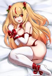 1girl :d bed_sheet blonde_hair blunt_bangs bound bound_arms bound_legs bra bridal_gauntlets choker corrupted_twitter_file full_body gloves gradient_hair highres idol_corp lingerie long_hair looking_at_viewer lying mistletoe_hair_ornament multicolored_hair on_side open_mouth panties pointy_ears red_bra red_choker red_eyes red_hair red_panties red_ribbon ribbon ribbon_bondage ribbon_choker ruby_runeheart slash-ex smile solo streaked_hair thighhighs two_side_up underwear virtual_youtuber white_gloves white_thighhighs
