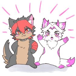 Rule 34 | 2boys, animal ears, arataki itto, arms up, blush, collar, commentary, dog boy, dog ears, dog tail, earrings, fang, fang out, genshin impact, hands on own hips, highres, horns, jewelry, komano manato, looking at viewer, male focus, multiple boys, open mouth, pawpads, rosu (lostlose5261), single earring, smile, symbol-only commentary, tail, white background, zenless zone zero