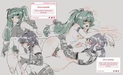 Rule 34 | 2girls, aroused, black gloves, black hair, black pubic hair, black sports bra, blush, bottomless, breasts, colored pubic hair, completely nude, deertripetri, english text, excessive pubic hair, female pubic hair, fingering, gloves, grace howard, green eyes, green hair, green pubic hair, heart, highres, kneeling, large breasts, long hair, lying, multiple girls, multiple views, nude, on back, plump, pubic hair, qingyi (zenless zone zero), red eyes, request inset, simple background, small breasts, speech bubble, sports bra, stomach, strawpage, talking, tribadism, twintails, white background, yuri