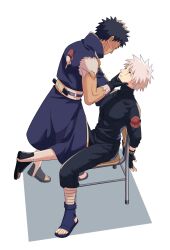 2boys arms_behind_back bdsm black_gloves black_hair bondage bound bound_wrists chair colored_skin full_body gloves grey_hair hand_on_another&#039;s_face hatake_kakashi highres jrkain looking_at_another male_focus mole mole_under_mouth multicolored_skin multiple_boys naruto_(series) naruto_shippuuden scar scar_on_face short_hair sitting spiked_hair two-tone_skin uchiha_obito uchiha_symbol yaoi