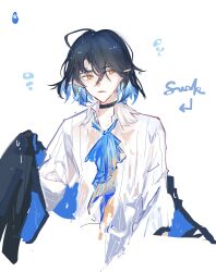 1boy absurdres ahoge arknights black_hair black_jacket blue_hair blue_neckerchief bubble chinese_commentary collar commentary_request ear_piercing earrings fish_boy frown highres holding holding_jacket holding_unworn_clothes infection_monitor_(arknights) jacket jewelry long_sleeves looking_to_the_side lumen_(arknights) male_focus neckerchief orange_eyes parted_lips piercing pointy_ears shell shell_earrings shirt solo striped_clothes striped_shirt teeth tongue unworn_jacket upper_body water_drop wet wet_clothes wet_hair wet_jacket wet_shirt white_background white_collar white_shirt xiuxiudangdangdongdong_duang