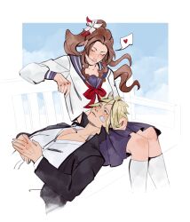 1boy 1girl absurdres aerith_gainsborough bandaid bandaid_on_face bench black_jacket blonde_hair blue_eyes border bow bowtie breasts closed_eyes cloud cloud_strife cloud_strife_(midgard_seventh_high_school) cloudy_sky couple crop_top feet_out_of_frame final_fantasy final_fantasy_vii final_fantasy_vii_ever_crisis flower grey_sailor_collar grey_skirt hair_flower hair_ornament hair_ribbon heart hetero highres jacket lap_pillow light_blush long_hair looking_at_another medium_breasts midriff official_alternate_costume parted_bangs pleated_skirt ponytail red_bow red_bowtie red_ribbon ribbon robasarel sailor_collar school_uniform short_hair sidelocks skirt sky smile socks spiked_hair spoken_heart white_border white_socks