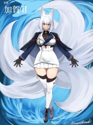 1girl absurdres adapted_costume akizuki_(17769498) alternate_costume animal_ear_fluff animal_ears ankle_boots azur_lane black_boots black_gloves blue_eyes boots breasts buttons cleavage commentary_request double-breasted gloves highres jacket kaga_(azur_lane) kitsune kyuubi large_breasts large_tail long_sleeves miniskirt multiple_tails pleated_skirt short_hair skirt solo tail thigh_gap thighhighs white_hair white_jacket white_skirt white_thighhighs zettai_ryouiki