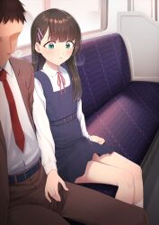 2boys blazer blue_dress blush brown_hair brown_jacket brown_pants bulge collarbone collared_shirt crossdressing dress erection erection_under_clothes faceless faceless_male green_eyes hair_ornament hairclip highres hokuro_ryuuseigun jacket long_hair long_sleeves male_focus multiple_boys neck_ribbon necktie nose_bubble open_clothes open_jacket original pants parted_lips pinafore_dress red_necktie red_ribbon ribbon school_uniform shirt shirt_tucked_in sitting sleeping sleeping_upright sleeveless sleeveless_dress socks steaming_body sweat textless_version train_interior trap white_shirt white_socks yaoi