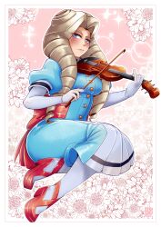 Rule 34 | 1girl, absurdres, aqua dress, blonde hair, blue eyes, blush, cross-laced footwear, dress, drill hair, elbow gloves, gensox, gloves, high heels, highres, holding instrument, holding violin, instrument, justice gakuen, kirishima yurika, music, pantyhose, playing instrument, red footwear, red ribbon, ribbon, solo, twin drills, violin, white gloves, white pantyhose