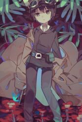 Rule 34 | 1girl, androgynous, belt, belt around waist, belt buckle, belt pouch, black eyes, black hair, black jacket, black pants, brown coat, buckle, coat, collared shirt, commentary, dot nose, expressionless, feet out of frame, flower, fur hat, goggles, goggles on headwear, gun, hair between eyes, hat, holding, holding gun, holding weapon, jacket, kino (kino no tabi), kino no tabi, lapels, leaf, leaf background, looking at viewer, miwasiba, notched lapels, open clothes, open coat, pants, pouch, red flower, shirt, short hair, solo, standing, straight-on, trench coat, ushanka, weapon, white shirt