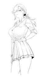 1girl asymmetrical_bangs bracelet breast_pocket breasts collared_shirt commentary_request cowboy_shot dress_shirt goshiki_suzu greyscale hair_over_one_eye highres jewelry large_breasts lineart long_hair mole mole_under_eye monochrome original pleated_skirt pocket ponytail school_uniform shirt shirt_tucked_in skirt solo standing tokiwa_nao