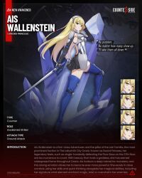 1girl :d aiz_wallenstein armor backless_outfit black_gloves black_skirt blonde_hair blue_boots boots breastplate character_name commentary copyright_name counter:side crystal dungeon_ni_deai_wo_motomeru_no_wa_machigatteiru_darou_ka empty_eyes english_commentary faulds floating_hair frown full_body furrowed_brow gloves hand_in_own_hair headpiece high_heel_boots high_heels holding holding_sword holding_weapon knee_pads light_smile long_hair looking_at_viewer looking_back multiple_expressions official_art open_mouth profile projected_inset promotional_art shoulder_plates skirt smile standing sword thigh_boots thighhighs vambraces weapon yellow_eyes zettai_ryouiki