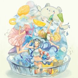 3girls abstract_background alternate_costume alternate_hairstyle bikini bikini_skirt blonde_hair blue_eyes blue_hair bow braid catfish crop_top dress fish flip-flops flippers food fruit goggles goggles_on_head gradient_background hair_bow hatsune_miku highres innertube kagamine_rin long_hair looking_at_viewer megurine_luka midriff multiple_girls navel one_eye_closed orange_(fruit) pants pink_hair sailor_collar salamander sandals shark shaved_ice short_hair single_braid spoon spring_onion striped_clothes striped_dress striped_pants swim_ring swimsuit swimsuit_skirt tamu_(tamurarucaffe1226) twintails vocaloid water water_gun