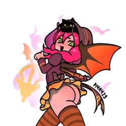 Rule 34 | antennae, artist name, ass, ass focus, colored sclera, colored skin, dark willow, dota (series), dota 2, dress, freckles, highres, microskirt, monster girl, orange thighhighs, piyay23, purple dress, red hair, red skin, skirt, thighhighs, wings