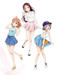 3girls ahoge artbook blue_eyes blue_skirt bow braid food fruit grey_hair hair_bow hat highres long_hair looking_at_viewer love_live! love_live!_sunshine!! mandarin_orange multiple_girls non-web_source official_art open_mouth orange_hair pink_skirt polka_dot polka_dot_skirt red_eyes red_hair sakurauchi_riko shirt short_hair simple_background skirt sleeveless sleeveless_shirt smile takami_chika watanabe_you white_background white_shirt yellow_bow yellow_eyes