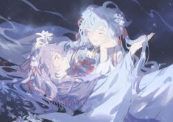 2girls ahoge alternate_costume banbi blue_hair chinese_clothes dutch_angle flower ganyu_(genshin_impact) genshin_impact hair_flower hair_ornament hanfu keqing_(genshin_impact) long_hair long_sleeves looking_at_another lying multiple_girls on_back purple_eyes purple_hair qixiong_ruqun stariwei white_flower yuri