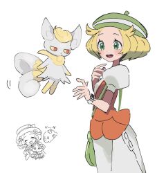 Rule 34 | 1girl, :d, alternate color, bianca (pokemon), blonde hair, bracelet, dress, eneko (olavcnkrpucl16a), eyelashes, gen 6 pokemon, green eyes, green headwear, hat, highres, jewelry, meowstic, multiple views, nintendo, open mouth, orange vest, pokemon, pokemon (creature), pokemon bw, shiny pokemon, short hair, short sleeves, simple background, smile, teeth, upper teeth only, vest, white background, white dress