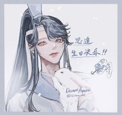 Rule 34 | 1boy, animal, black hair, border, chinese clothes, chinese text, closed mouth, doodle inset, grey border, grey eyes, hanfu, happy birthday, headband, holding, holding animal, holding rabbit, lan sizhui, long hair, looking at viewer, male focus, modao zushi, ojisan rbt, outside border, ponytail, rabbit, sidelocks, smile, solo, twitter username, upper body, white background, white hanfu, white headband, white rabbit (animal), xiao guan (headdress)