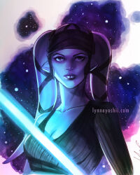 1girl aayla_secura alien artist_name blue_lightsaber blue_skin breasts brown_shirt colored_skin energy_sword highres jedi lekku_(anatomy) lightsaber marker_(medium) medium_breasts protokitty shirt single_sleeve star_wars sword traditional_media twi&#039;lek upper_body watermark weapon web_address