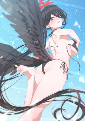 Rule 34 | 1girl, alternate costume, alternate hairstyle, ass, barefoot, bikini, black bikini, black hair, black wings, blue archive, blush, breasts, commentary request, feathered wings, from behind, halo, hasumi (blue archive), highres, large breasts, long hair, looking at viewer, looking back, low wings, ochiaki, red eyes, red halo, side-tie bikini bottom, solo, swimsuit, thighs, toes, untied bikini top, very long hair, wings