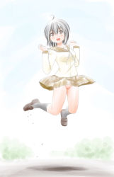 Rule 34 | 1girl, ahoge, bare legs, black hair, blush, chiru roshutsu, cleft of venus, clothes lift, exhibitionism, female focus, full body, hair between eyes, jumping, kneehighs, loafers, midair, no panties, open mouth, original, outdoors, pleated skirt, public indecency, pussy, sailor collar, school uniform, serafuku, shirt, shoes, short hair, skirt, skirt lift, skirt tug, socks, solo, takapi (chimee house), thighs