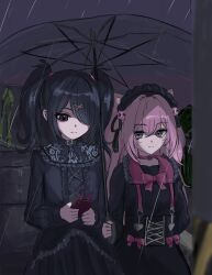 2girls alternate_costume ame-chan_(needy_girl_overdose) animal_ears arm_behind_back black_dress black_eyes black_hair cat_ears cat_hair_ornament corset dress hair_ornament hair_ribbon highres holding holding_phone holding_umbrella kemonomimi_mode lace lace-trimmed_dress lace_trim looking_at_another looking_at_object maid_headdress multiple_girls needy_girl_overdose p-chan_(needy_girl_overdose) phone pien_cat_(needy_girl_overdose) pink_eyes pink_hair rain ribbon short_twintails sidelocks skirt suspender_skirt suspenders twintails umbrella x_hair_ornament yuriyalloween