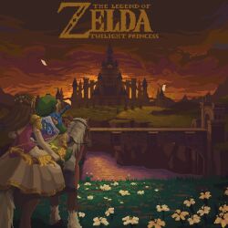 1boy 1girl animated animated_gif bow_(weapon) bridge castle cloud cloudy_sky copyright_name english_text epona evening falling_leaves flower from_behind grass holding holding_bow_(weapon) holding_weapon horizon horse horseback_riding hylian_shield hyrule_castle itzah leaf link logo male_focus master_sword nature nintendo outdoors pixel_art princess_zelda riding scenery shield shield_on_back sky sword sword_on_back the_legend_of_zelda the_legend_of_zelda:_twilight_princess weapon weapon_on_back wind wind_lift
