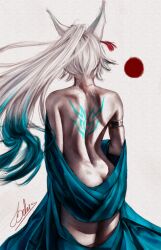 1girl animal_ears armlet back bekus blue_shawl butt_crack commentary dimples_of_venus english_commentary facing_away feixiao_(honkai:_star_rail) fox_girl gold_armlet gradient_hair highres honkai:_star_rail honkai_(series) jewelry median_furrow multicolored_hair nude ponytail shawl signature solo tagme tattoo white_background white_hair