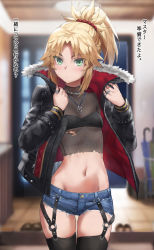 1girl alternate_costume bandeau black_thighhighs blonde_hair blush braid breasts commentary_request cutoffs fate/apocrypha fate_(series) female_focus fishnet_top fishnets green_eyes hair_ornament hair_scrunchie half_up_braid highres indoors long_hair long_sleeves looking_at_viewer micro_shorts midriff mordred_(fate) mordred_(fate/apocrypha) parted_bangs ponytail revision ribs scrunchie see-through_clothes see-through_shirt shirt short_shorts shorts sidelocks small_breasts solo stomach thigh_gap thighhighs thighs tonee torn_clothes translated underboob upper_body