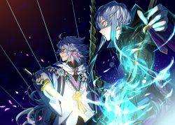 2boys ahoge asclepius_(fate) blue_hair braid earrings excalibur_(fate/stay_night) fate/grand_order fate_(series) flower_earrings get glowing glowing_sword glowing_weapon gradient_hair green_eyes hair_between_eyes highres holding holding_sword holding_weapon hood hood_down jewelry long_hair long_sleeves male_focus merlin_(fate) multicolored_hair multiple_boys petals purple_eyes robe short_hair_with_long_locks sigm smile sword two-tone_hair very_long_hair weapon white_hair wide_sleeves