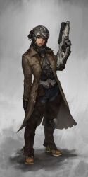 1girl assault_rifle belt body_armor brown_hair bulletproof_vest bullpup coat denim duster gloves green_eyes gun helmet highres jeans leggings looking_at_viewer mole mole_under_mouth pants pawn_(rimworld) penett pouch rifle rimworld shirt simple_background solo torn_clothes weapon white_background